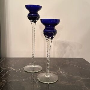 Candle Sticks Blue Glass Set